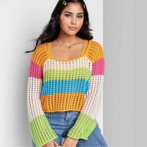 Wild Fable Colorful Crochet Hollow Out Long Sleeve Y2K Sweater Womens XXL
